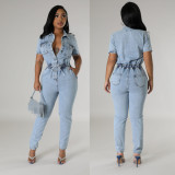 Elastic Washed Short Sleeve Lapel Single-breasted Denim Jumpsuit