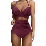 Solid Conservative Multi-color Open Back One-piece Swimsuit