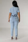 Elastic Washed Short Sleeve Lapel Single-breasted Denim Jumpsuit