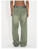 Korean-style Loose-fitting washed Mid-waist Retro Green Frayed Edge Jeans for Men and Women