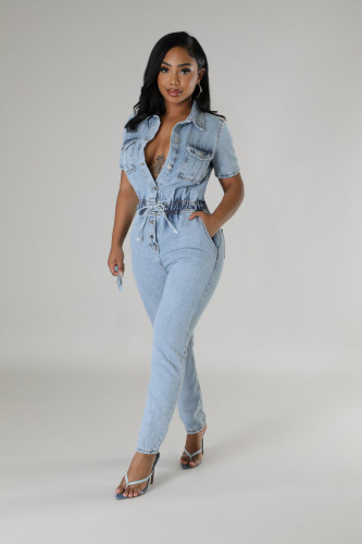 Elastic Washed Short Sleeve Lapel Single-breasted Denim Jumpsuit