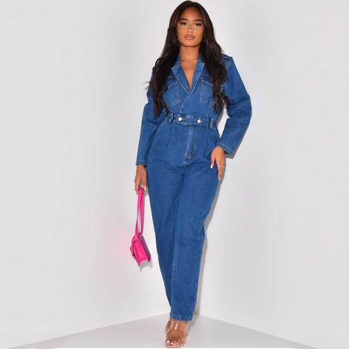 Notched Lapel Women's Denim Jean Long Sleeve Sexy V Neck Jumpsuit Rompers