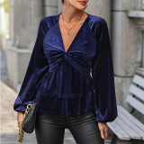 Spring/Autumn Lantern Sleeve V Neck Velvet Blouse