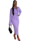 Solid Bell Sleeve Single-breasted Midi Dress