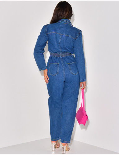 Notched Lapel Women's Denim Jean Long Sleeve Sexy V Neck Jumpsuit Rompers