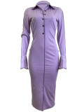 Solid Bell Sleeve Single-breasted Midi Dress
