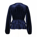 Spring/Autumn Lantern Sleeve V Neck Velvet Blouse