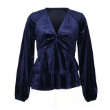 Spring/Autumn Lantern Sleeve V Neck Velvet Blouse