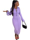 Solid Bell Sleeve Single-breasted Midi Dress