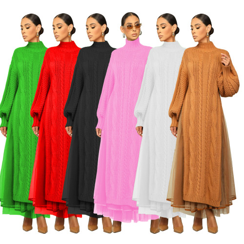 Hot Style Winter Long Sleeve Mesh Turtleneck Knitted Long Dresses