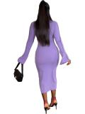 Solid Bell Sleeve Single-breasted Midi Dress