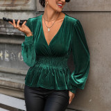 Autumn Women Long Sleeve Velour Tops Lady Ruffles Velvet Shirts