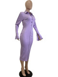 Solid Bell Sleeve Single-breasted Midi Dress