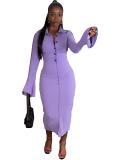 Solid Bell Sleeve Single-breasted Midi Dress
