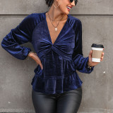 Spring/Autumn Lantern Sleeve V Neck Velvet Blouse
