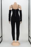 Ruched Cold Shoulder Unitard Jumpsuit