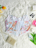 Fishbone Structure Sheer Mesh Printed Corset Camisole
