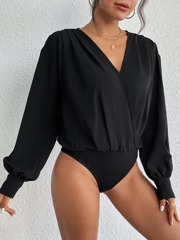 Simple Lantern Long Sleeve Bodysuit Top V Neck Rompers