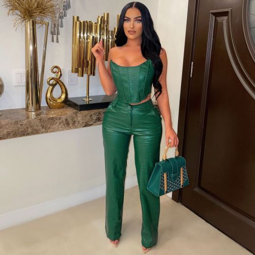 Women's Strapless Pu Leather Top And Pants Sexy Two-Piece Set