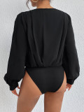 Simple Lantern Long Sleeve Bodysuit Top V Neck Rompers