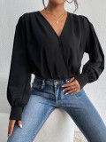 Simple Lantern Long Sleeve Bodysuit Top V Neck Rompers