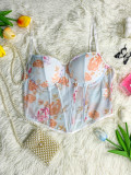 Fishbone Structure Sheer Mesh Printed Corset Camisole