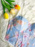 Fishbone Structure Sheer Mesh Printed Corset Camisole