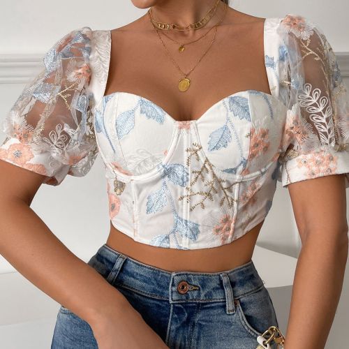 Women's Seductive Lace Sheer Bubble Sleeve Short Top