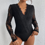 Scallop Trim Guipure Eyelash Lace Panel Bodysuit Top