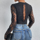 Scallop Trim Guipure Eyelash Lace Panel Bodysuit Top
