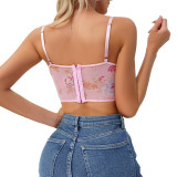 Fishbone Structure Sheer Mesh Printed Corset Camisole