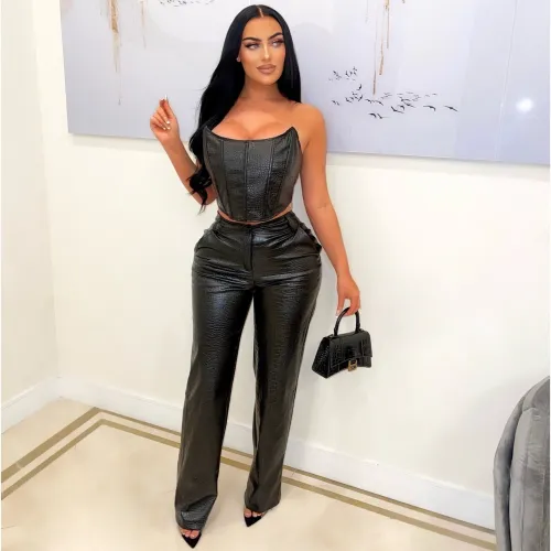 Women's Strapless Pu Leather Top And Pants Sexy Two-Piece Set