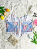 Fishbone Structure Sheer Mesh Printed Corset Camisole