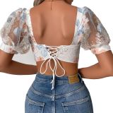 Women's Seductive Lace Sheer Bubble Sleeve Short Top