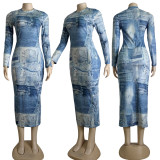 Sexy Slim Printdd Denim Graphic Bodycon Mid Dresses