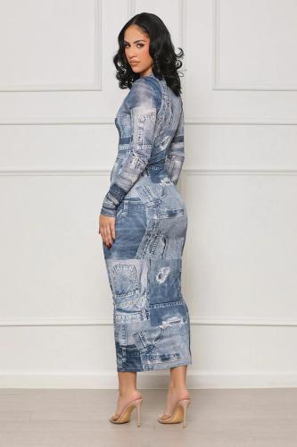 Sexy Slim Printdd Denim Graphic Bodycon Mid Dresses