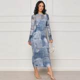 Sexy Slim Printdd Denim Graphic Bodycon Mid Dresses