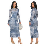 Sexy Slim Printdd Denim Graphic Bodycon Mid Dresses