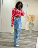Casual V Neck Plush Women's Knitted Top
