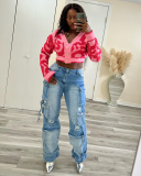Casual V Neck Plush Women's Knitted Top