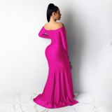 Solid Color Off Shoulder V Neck Split Evening Party Dresses
