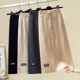 Belted Knitted Design Back-Slit Pencil Skirt