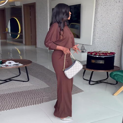 Fashion Vintage Women Set Long Sleeve Shirt and Cutout Wide Leg Pants Outfit Tracksuit