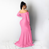 Solid Color Off Shoulder V Neck Split Evening Party Dresses