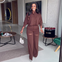 Fashion Vintage Women Set Long Sleeve Shirt and Cutout Wide Leg Pants Outfit Tracksuit
