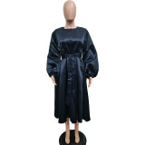 Luxury Balloon Sleeve Belted A-line Dress