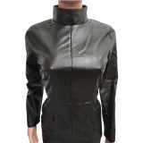 Solid Color Faux Leather Turtleneck Long Sleeve Mini Dresses
