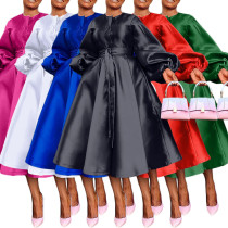 Luxury Balloon Sleeve Belted A-line Dress