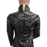 Solid Color Faux Leather Turtleneck Long Sleeve Mini Dresses