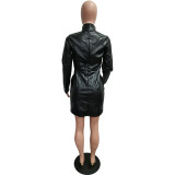Solid Color Faux Leather Turtleneck Long Sleeve Mini Dresses